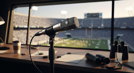Microphone and binoculars on a desk overlooking a stadium on a sunny day inside a broadcast booth