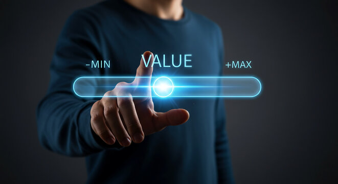 Adjusting Value: A person manipulates a digital slider with the word VALUE, representing control and financial management, illustrating strategic decision-making and optimization.