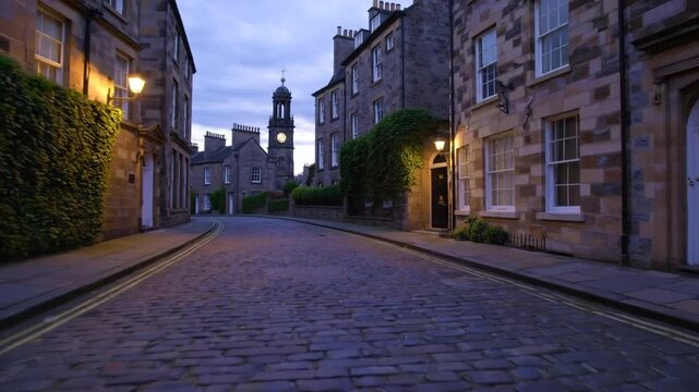 smooth tracking camera movement along famous, aesthetically pleasing cobblestone lane in historic neighborhood during the low-light period of twilight, featuring traditional architecture and church c