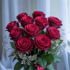 Obraz premium Beautiful bouquet of deep red roses with delicate baby s breath