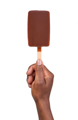 Man holding a chocolate ice cream popsicle isolated on transparent or white background