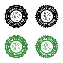 Shake well before using icon set. Shake well before using label product, sign, logo, badge, icons, sticker, symbol, black, circle, line, flat vector, isolated illustration. Shaking Bottle with hand.