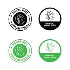 Obraz premium Shake well before using icon set. Shake well before using label product, sign, logo, badge, icons, sticker, symbol, black, circle, line, flat vector, isolated illustration. Shaking Bottle with hand.