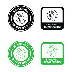 Shake well before using icon set. Shake well before using label product, sign, logo, badge, icons, sticker, symbol, black, circle, line, flat vector, isolated illustration. Shaking Bottle with hand.