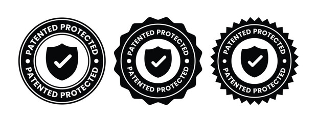 Patented Protected logo, Technology, Intellectual Property, Patent Applied logo, badge, icon, sticker, label, emblem, stamp, symbol, black, line circle, flat vector, isolated illustration.