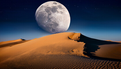 the whole realistic moon with a broken piece of it set in the desert dunes by night