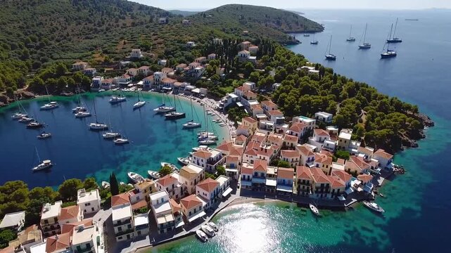 overhead view of sheltered bay in Greek island with sailing vessels moored