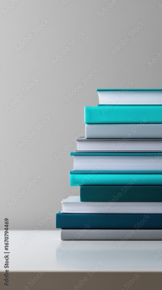 Poster stacked books arranged neatly in various shades of teal against a simple gray background during dayl