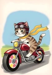 Cartoon Cat Riding Motorcycle – Funny Biker Kitty Kitten Feline Pet Rider on Moped or Scooter Illustration. cute kitten riding, animal, animal biker, comic, comic style cat, retro, retro biker cat
