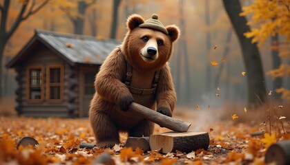 A furry bear character with brown fur, dressed as a lumberjack, chopping wood in an autumn forest, falling leaves, rustic cabin in the background.