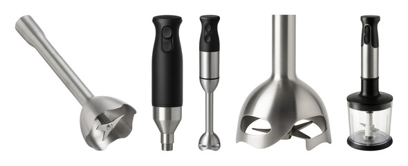Immersion blender set including motor unit, blending shaft, and chopper attachment isolated. Versatile kitchen appliance for food preparation.