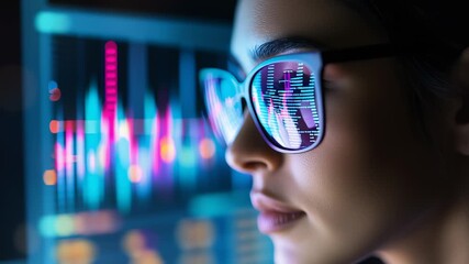 Professional businesswoman analyzing financial graphs using advanced augmented reality glasses, showcasing innovative technology in modern workplace environment - Powered by Adobe