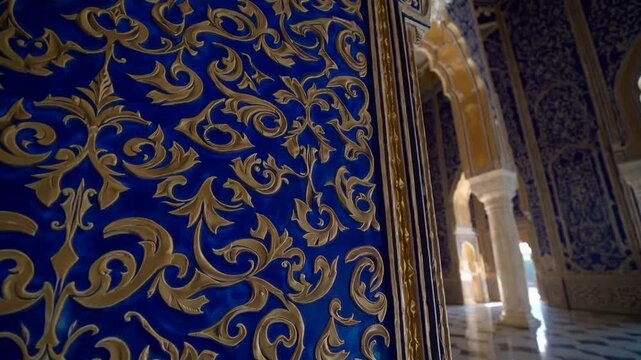 Interior View of Royal Palace, Beautiful Blue Ornament in Hall Room.