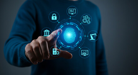 Biometric Authentication: A person interacts with a futuristic digital interface, centered around a fingerprint, symbolizing secure access and technological advancement in a modern setting.