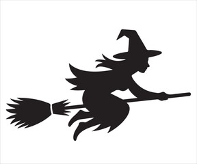 Witch flying on a broomstick, silhouette illustration for Halloween.