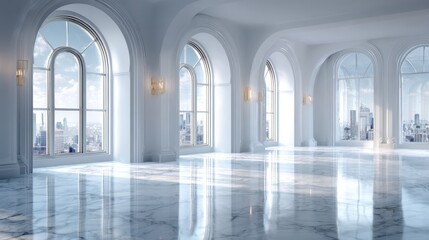 Obraz premium Luxurious Empty Interior With Large Windows Showcasing City Skyline During Daylight
