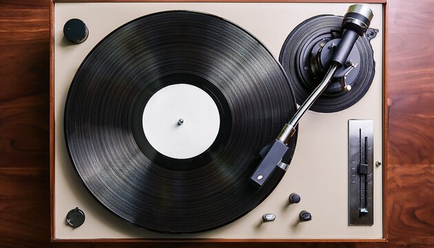 a top down view of a vintage record player with a vinyl record spinning on it the vinyl record features a blank white label at its center