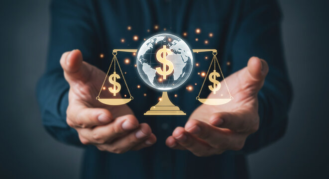Global Financial Balance: A pair of hands delicately cradles a depiction of global financial balance, with scales in equilibrium and a globe symbolizing interconnected financial markets.