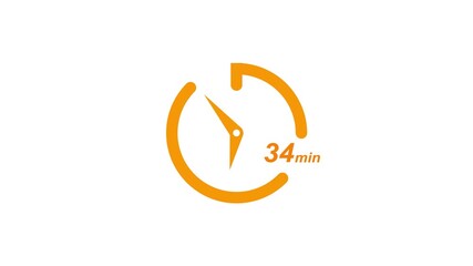 34 minute timer clock animation. Countdown stopwatch and clock icon with 34 minute label for cooking, workout fitness, and time management on white background with alpha channel.