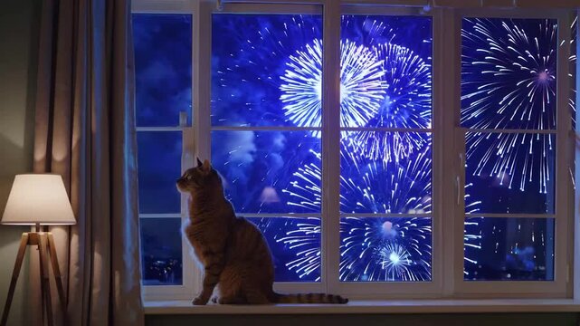 Domestic Canine and Feline Observing Pyrotechnic Display Through Window Pane