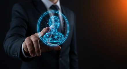 Human Touch in Digital Space: A businessman in a sleek suit, his finger poised to engage a glowing digital avatar, symbolizing connectivity and the human element in the digital sphere. 