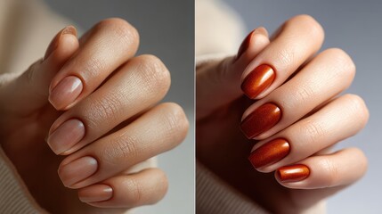 Before and after orange gel manicure on natural nails