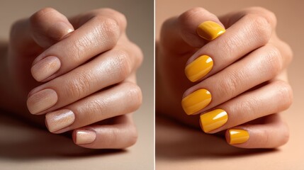 Butter yellow nail polish manicure before and after comparison