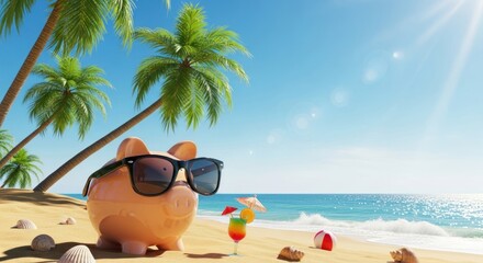 A piggy bank wearing sunglasses sits on a sunny beach, ready for a relaxing vacation.