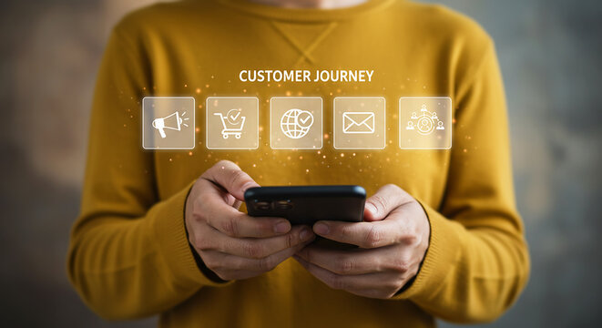 Digital Customer Experience: A person holding a smartphone, navigating a user interface showcasing the customer journey from initial engagement to purchase and beyond.