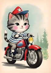 Cartoon Cat Riding Motorcycle – Funny Biker Kitty Kitten Feline Pet Rider on Moped or Scooter Illustration. cute kitten riding, animal, animal biker, comic, comic style cat, retro, retro biker cat
