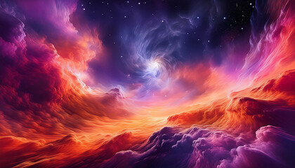 Fototapeta premium vibrant cosmic scene featuring swirling clouds of pink orange and purple hues resembling nebula in space evokes sense of wonder and beauty
