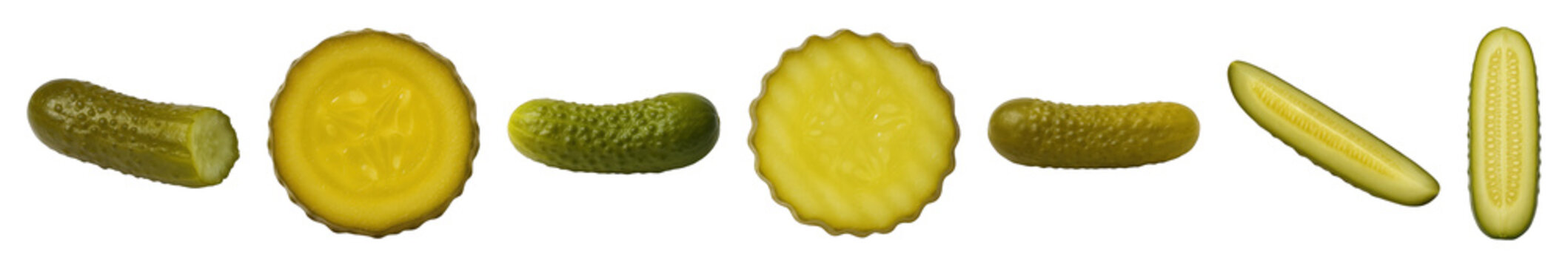 Dill pickle and gherkin set including whole, round slices, crinkle cut slices, and spears isolated. Flavorful food ingredient collection.