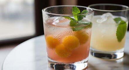 Refreshing summer cocktails with citrus and mint on a marble table