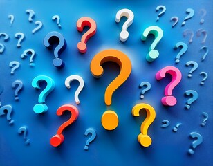 an array of colorful 3d question marks dynamically arranged against a blue background evoking ideas of uncertainty creativity and the vast possibilities of inquiry
