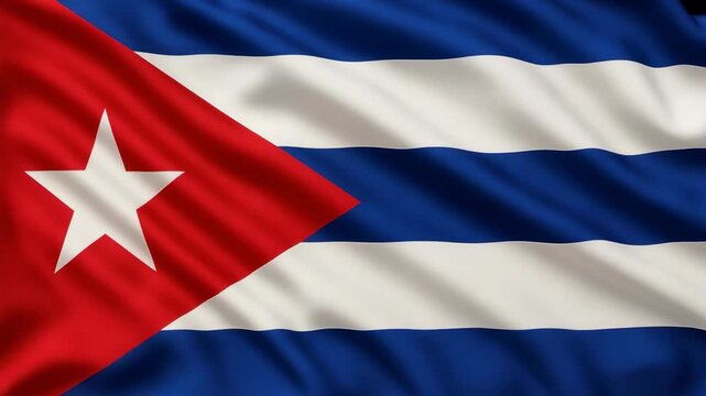 A vibrant video close-up of the Cuban flag waving in the wind, captured from a low-angle, showcasing its bold colors and iconic star design. Live desktop wallpaper.