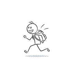A cheerful stick figure running with a backpack on its back. 