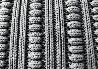 Close-up Texture of Gray Knitted Fabric Featuring Raised Bobble Patterns and Vertical Ribbing Demonstrating Intricate Stitchwork