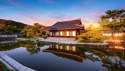 Obraz premium warm evening light enhances the beauty of a modern hanok with traditional architecture surrounded by a tranquil garden and reflecting pool
