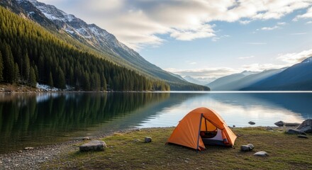 Serene alpine lake scenery featuring an orange camping tent pitched on a grassy lakeshore.