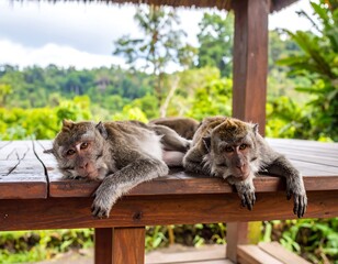 Two monkeys resting on a wooden deck