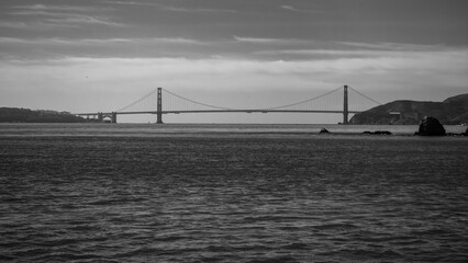 Golden Gate Bridge and Bay in Black and White Seen from a Ferry
