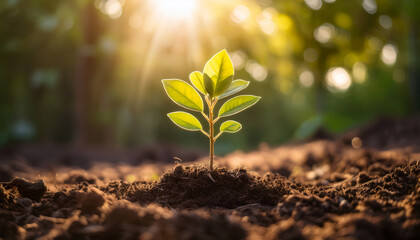 a small tree sapling rooted deeply in the soil with sunlight streaming through its leaves symbolizing stable growth and development