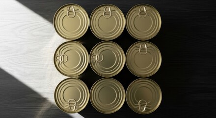 Top view of nine metallic cans in grid pattern with light and shadow effects