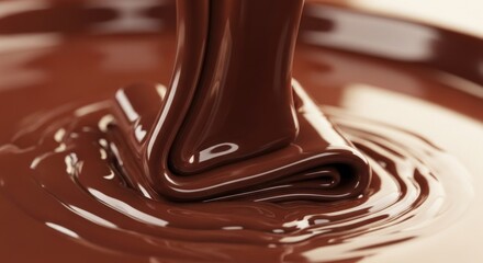 Melted chocolate flows in a detailed close-up display of rich, dark brown hues.