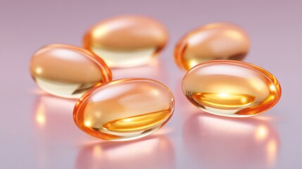 Soft gel capsules in light orange colors on reflective surface  