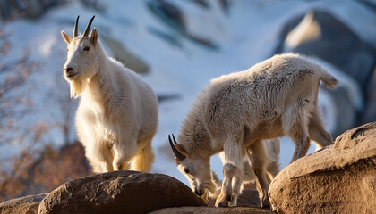 mountain goats explore rocky terrain at urban zoo during afternoon visit in pleasant spring weather