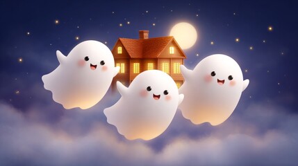 Obraz premium Three cute ghosts floating in the night sky near a house 
