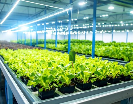 Rows of lettuce seedlings under grow lights