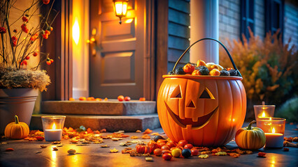 Orange Pumpkin Bucket Full of Candies on Doorstep