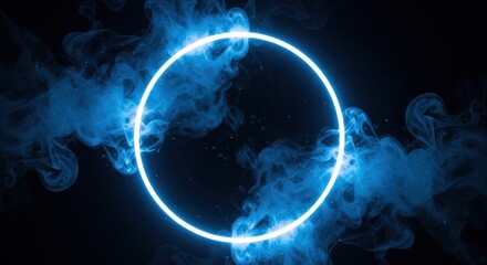 Obraz premium A glowing, vibrant blue circle frame against a backdrop of swirling smoke, creating a dynamic and futuristic aesthetic.